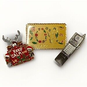 Vintage Lapel Pin Lot Of 3 Motorola Flip Phone LOVE Stamp Christmas Reindeer